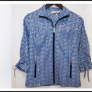 Chicos Zenergy Lightweight Zip Jacket Shirt 3/4
Sleeve Blue Gold Metallic Sz 00